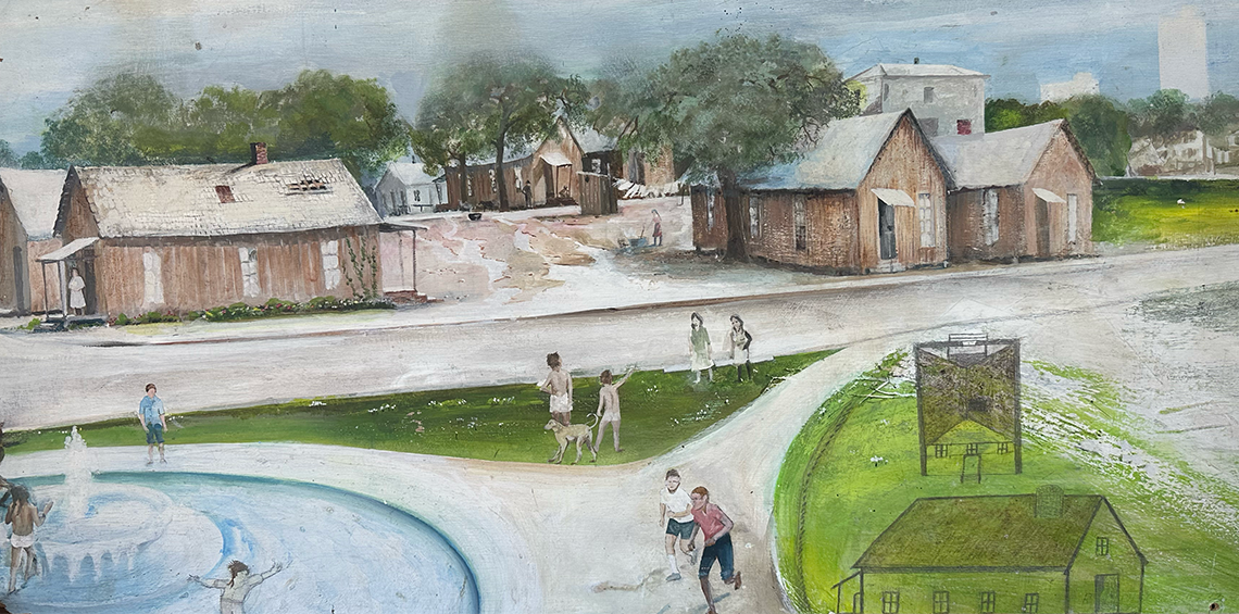 Painting of Calle Dos community with La Pila Fountain