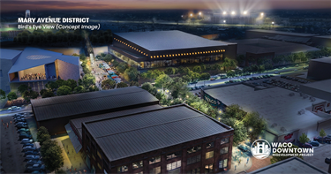 Rendering of an aerial view of a new downtown area at night with a convention center and performing arts center