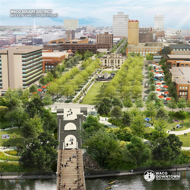 Aerial view of rendering of new town square from city hall to the suspension bridge