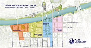 Map of the downtown redevelopment project divided into four districts