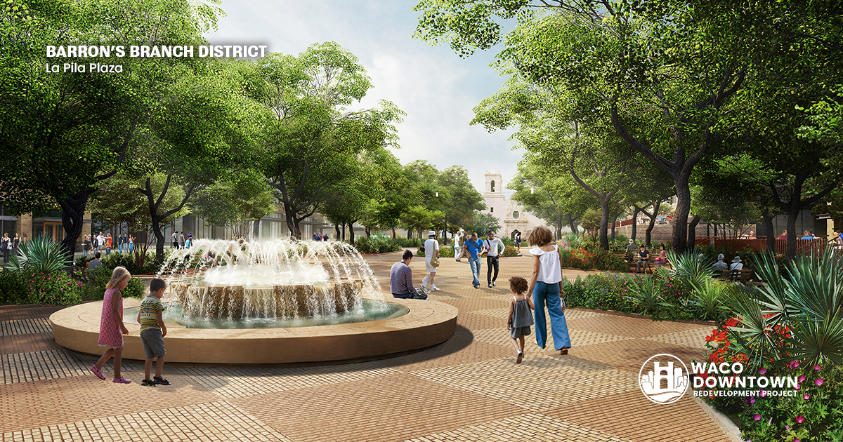 Rendering of a fountain on a pedestrian walkway