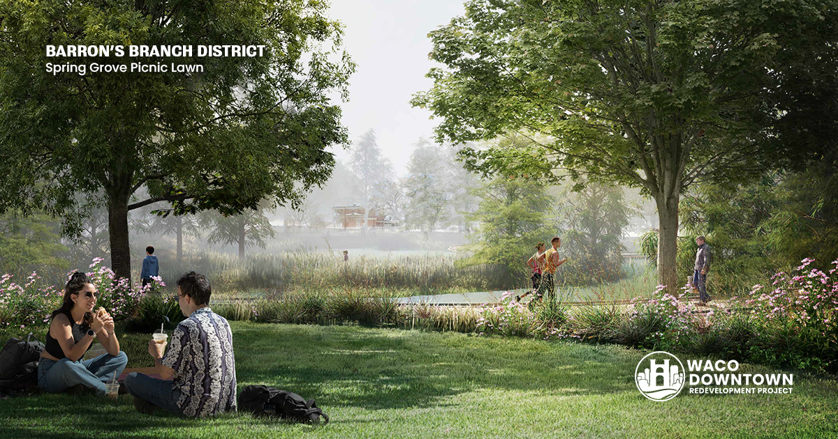 Rendering of an open green space near the river