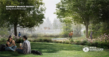 Rendering of an open green space near the river