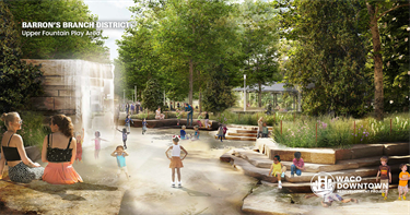 Rendering of kids playing in flowing spring with water coming from rock structure