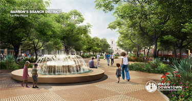 Rendering of a fountain on a pedestrian walkway